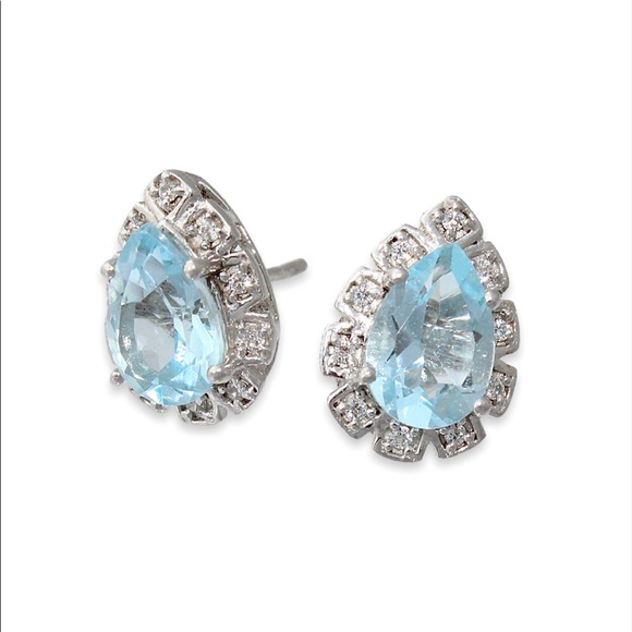 Estate Sky Blue Topaz Sterling Silver Teardrop Stud Earrings Cubic Zirconia Halo - Picture 1 of 4